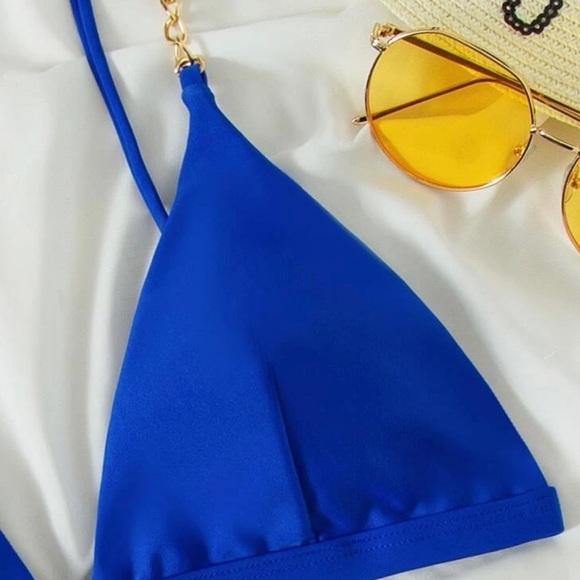 Royal Cobalt Blue Contrast Trim Triangle Bikini Chain Link Straps Size M - Picture 4 of 15